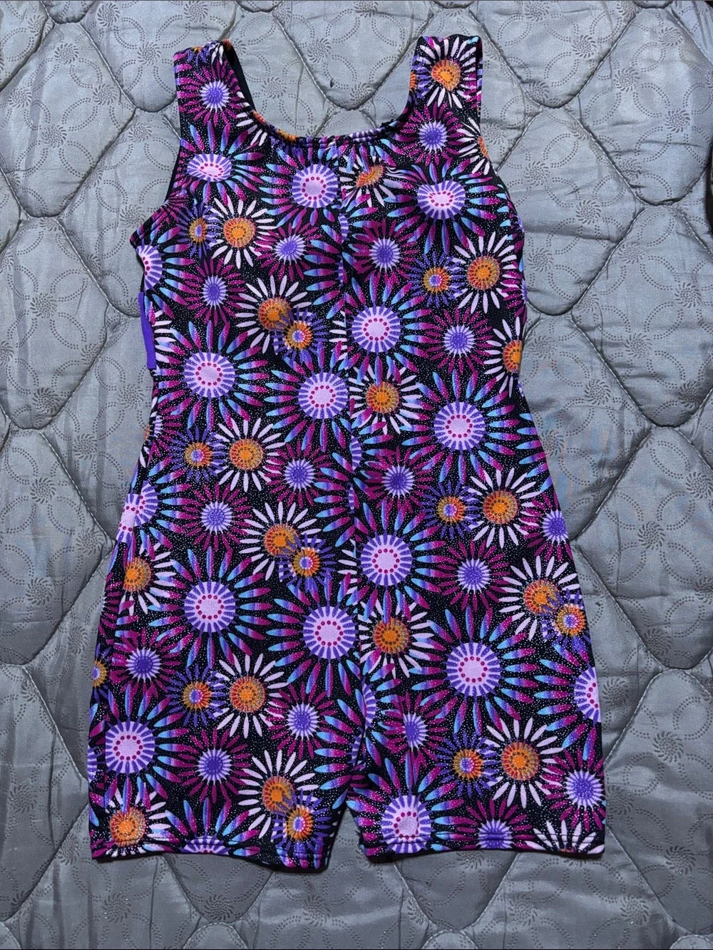 Floral Stretch Active Leotard with Purple Accent